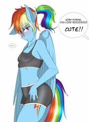 Size: 2990x4096 | Tagged: safe, artist:carbutt69, derpibooru import, rainbow dash, anthro, pegasus, blushing, clothes, cutie mark, dialogue, floppy ear, gym shorts, gym uniform, i'm not cute, multicolored hair, my little pony, ponytail, purple eyes, rainbow hair, rainbow tail, tsunderainbow, tsundere