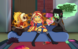 Size: 3974x2510 | Tagged: safe, artist:rileyav, derpibooru import, sunset shimmer, oc, oc:anon filly, oc:dyx, equestria girls, >no hooves, angry, bottomless, bra, bra strap, clothes, comic book, cross-popping veins, drugs, female, filly, frown, joint, marijuana, nudity, partial nudity, sarong, sitting, smoking, socks, sofa, stocking feet, stockings, striped socks, sunset's apartment, thigh highs, underwear, wig