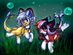 Size: 1821x1370 | Tagged: safe, artist:ube, artist:ubebreb, derpibooru import, oc, oc only, oc:rubber ducky, oc:soy sauce, original species, shark, shark pony, derp, goggles, heterochromia, mismatched eyes, seaweed, swimming, swimming goggles, underwater, underwater pony