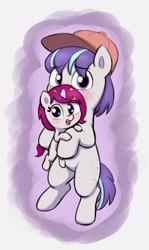 Size: 1209x2025 | Tagged: safe, artist:heretichesh, derpibooru import, oc, oc only, earth pony, pony, unicorn, baseball cap, blushing, cap, cute, duo, female, filly, freckles, hat, holding a pony, looking at you, male, ocbetes, stallion