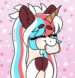 Size: 1450x1500 | Tagged: safe, artist:pink-pone, derpibooru import, oc, oc only, pony, unicorn, eyebrows, eyebrows visible through hair, female, food, hooves together, mare, mouth hold, poptart, solo
