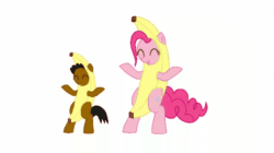 Size: 680x382 | Tagged: artist needed, safe, derpibooru import, pinkie pie, oc, oc:ladainian otis, earth pony, pony, animated, banana, banana suit, bipedal, colt, cute, dancing, eyes closed, female, food, friendshipping, gif, male, mare, open mouth, open smile, peanut butter jelly time, smiling