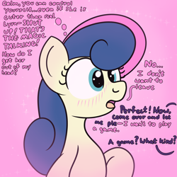 Size: 2000x2000 | Tagged: safe, artist:dafiltafish, derpibooru import, bon bon, sweetie drops, oc, oc:hedone, earth pony, pony, comic:day by day, blushing, dialogue, grammar error, out of frame, solo, thoughts