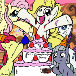 Size: 1500x1500 | Tagged: safe, artist:srmario, derpibooru import, apple bloom, fluttershy, limestone pie, rarity, surprise, earth pony, pegasus, pony, unicorn, cake, eyelashes, food, frown, happy birthday, hat, hoof hold, indoors, open mouth, party hat, shocked, smiling, strawberry, underhoof, wings