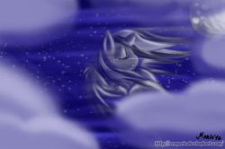 Size: 1500x998 | Tagged: safe, artist:srmario, derpibooru import, oc, oc only, oc:doctiry, alicorn, pony, alicorn oc, broken horn, bust, cloud, crying, eyes closed, female, full moon, horn, mare, moon, night, outdoors, signature, solo, stars, wings