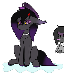 Size: 2488x2840 | Tagged: safe, artist:mimicryfluffoarts, derpibooru import, part of a set, oc, oc only, oc:mimicry, oc:zenaris blackmour, bat pony, angry, bat pony oc, blushing, bucket, chibi, collar, dyed mane, dyed tail, female, fluffy, hat, male, mare, mimicry's silly doodles, puddle, shiftling, smiling, stallion, water, wet, wet mane, zenaris is a stinky bat