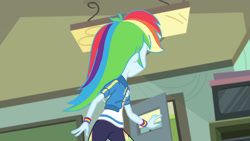 Size: 3410x1920 | Tagged: safe, derpibooru import, screencap, rainbow dash, better together, equestria girls, happily ever after party, happily ever after party: rainbow dash, all clear, clothes, cutie mark, cutie mark on clothes, female, geode of super speed, hoodie, jewelry, looking back, looking over shoulder, magical geodes, necklace, offscreen character, solo, television