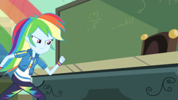 Size: 3410x1920 | Tagged: safe, derpibooru import, screencap, rainbow dash, better together, equestria girls, happily ever after party, happily ever after party: rainbow dash, chalkboard, clothes, cutie mark, cutie mark on clothes, female, geode of super speed, hoodie, jewelry, magical geodes, necklace, rainbow trail, solo