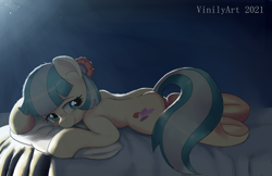 Size: 990x643 | Tagged: safe, artist:vinilyart, derpibooru import, coco pommel, earth pony, pony, bed, cocobetes, cute, female, lying down, mare, on bed, prone, underhoof