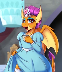 Size: 1500x1750 | Tagged: safe, artist:shadowreindeer, derpibooru import, smolder, dragon, clothes, cup, cute, dragoness, dress, eyeshadow, female, jewelry, lipstick, makeup, open mouth, open smile, princess, princess smolder, skirt, skirt lift, smiling, stockings, teacup, thigh highs, tiara