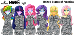 Size: 2000x966 | Tagged: safe, artist:edy_january, artist:zakro, derpibooru import, edit, applejack, fluttershy, pinkie pie, rainbow dash, rarity, twilight sparkle, twilight sparkle (alicorn), alicorn, equestria girls, american, american flag, american soldiers, call of duty, crew tank, headcanon, humane five, humane six, marine, marines, military, name, squat, u.s marines, united states, united states marines crops