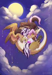 Size: 2160x3115 | Tagged: safe, artist:kez, derpibooru import, oc, oc:ira, oc:yiazmat, draconequus, unicorn, chipping, couple, draconequus oc, female, horn, male, moon, night, sky, snuggling, tail, unicorn oc, wings