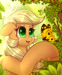 Size: 2500x3000 | Tagged: safe, artist:redvais, derpibooru import, applejack, butterfly, earth pony, pony, ears, female, floppy ears, mare, open mouth, open smile, smiling, solo, starry eyes, wingding eyes