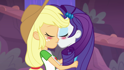 Size: 1920x1080 | Tagged: safe, artist:deadinside97, derpibooru import, edit, edited screencap, screencap, applejack, rarity, equestria girls, female, kissing, lesbian, rarijack, shipping