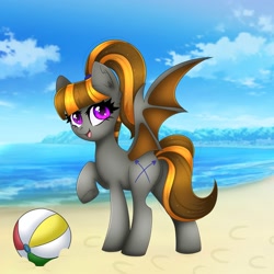 Size: 2000x2000 | Tagged: safe, artist:splashofsweet, derpibooru import, oc, oc only, oc:mythic dawn, bat pony, bat pony oc, beach, beach babe, beach ball, commission, complex background, frog (hoof), hair tie, looking at you, open mouth, ponytail, purple eyes, smiling, smiling at you, underhoof, wings, ych result