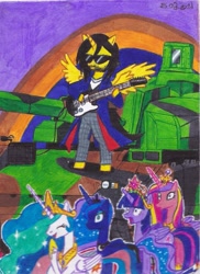 Size: 1175x1610 | Tagged: safe, artist:karadeg, derpibooru exclusive, derpibooru import, princess cadance, princess celestia, princess luna, twilight sparkle, twilight sparkle (alicorn), oc, oc:karadeg, alicorn, guitar, musical instrument