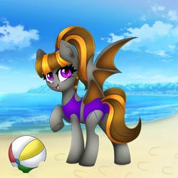 Size: 2000x2000 | Tagged: safe, alternate version, artist:splashofsweet, derpibooru import, oc, oc only, oc:mythic dawn, bat pony, bat pony oc, beach, beach babe, beach ball, clothes, commission, complex background, frog (hoof), hair tie, looking at you, open mouth, ponytail, purple eyes, smiling, smiling at you, swimsuit, underhoof, wings, ych result