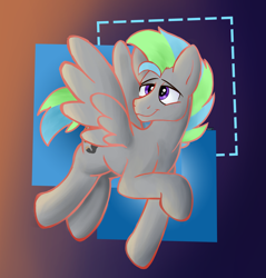 Size: 2498x2611 | Tagged: safe, artist:orky, derpibooru import, oc, oc:vipir flash, pegasus, pony, abstract background, flying, male, raised hoof, raised leg, smiling, solo, stallion