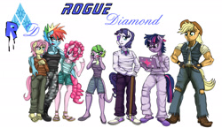 Size: 2636x1531 | Tagged: safe, artist:urhangrzerg, derpibooru import, applejack, applejack (male), barb, bubble berry, butterscotch, dusk shine, elusive, fluttershy, pinkie pie, rainbow blitz, rainbow dash, rarity, spike, twilight sparkle, anthro, comic:rogue diamond, applejacked, barlusive, blushing, boots, cane, clothes, combat boots, computer, eyepatch, feet, female, glasses, jeans, laptop computer, male, male feet, male six, mane six, muscles, pants, rainbuff blitz, rainbuff dash, ripped jeans, ripped pants, rule 63, sandals, shipping, shoes, shorts, slippers, sparity, straight, suspenders, toes, torn clothes