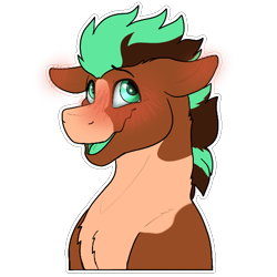 Size: 512x512 | Tagged: safe, artist:sursiq, derpibooru import, oc, oc only, oc:sagebrush, earth pony, pony, blush sticker, blushing, coat markings, ears, earth pony oc, eyebrows, eyebrows visible through hair, floppy ears, green eyes, green tongue, looking up, male, multicolored hair, multicolored mane, open mouth, paint, pinto, shiny eyes, solo, sticker, telegram sticker, transgender
