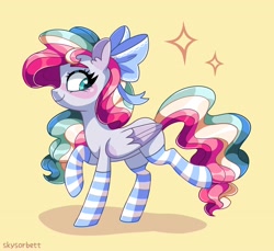 Size: 2048x1874 | Tagged: safe, artist:skysorbett, derpibooru import, oc, oc only, pegasus, pony, blushing, bow, clothes, female, hair bow, mare, simple background, smiling, socks, solo, sparkles, striped socks, yellow background