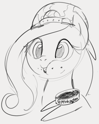 Size: 463x583 | Tagged: safe, artist:dotkwa, derpibooru import, fluttershy, pegasus, pony, backwards ballcap, baseball cap, bust, cap, female, grayscale, hat, mare, monochrome, puffy cheeks, sketch, snuff, solo, tobacco