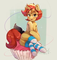 Size: 1461x1537 | Tagged: safe, artist:kyuurinori, oc, oc only, oc:pastel drop, pony, unicorn, blushing, butt, cupcake, female, looking at you, mare, open mouth, open smile, plot, smiling, smiling at you, socks, solo, striped socks, thigh highs