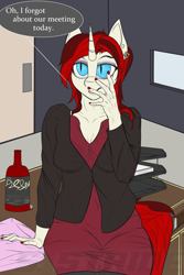 Size: 1498x2244 | Tagged: safe, artist:shade stride, derpibooru import, oc, oc:ruby tip, anthro, unicorn, bat eyes, bottle, clothes, desk, dress, female, implied second character, office, simple background, sitting, text, watermark, wine bottle