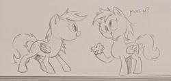Size: 2048x967 | Tagged: safe, artist:mellodillo, derpibooru import, derpy hooves, pegasus, pony, duo, female, food, grayscale, hoof hold, mare, monochrome, muffin, self paradox, self ponidox, sketch, that pony sure does love muffins, traditional art