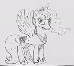 Size: 2048x1820 | Tagged: safe, artist:mellodillo, derpibooru import, princess luna, alicorn, pony, female, grayscale, mare, monochrome, pencil drawing, solo, spread wings, traditional art, wings