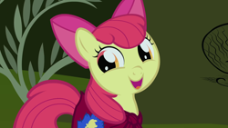 Size: 1920x1080 | Tagged: safe, derpibooru import, screencap, apple bloom, earth pony, pony, season 1, stare master, adorabloom, apple bloom's bow, bow, cape, clothes, cmc cape, cute, everfree forest, female, filly, hair bow, solo