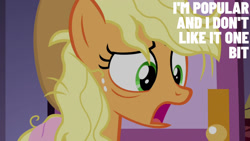 Size: 1280x720 | Tagged: safe, derpibooru import, edit, edited screencap, editor:quoterific, screencap, applejack, earth pony, pony, fame and misfortune, season 7, applejack's hat, carousel boutique, close-up, clothes, cowboy hat, female, hat, mare, messy hair, solo