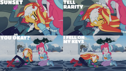 Size: 1280x720 | Tagged: safe, derpibooru import, edit, edited screencap, editor:quoterific, screencap, pinkie pie, sunset shimmer, better together, equestria girls, holidays unwrapped, duo, duo female, eyes closed, female, food, open mouth, saving pinkie's pie, snow, souffle