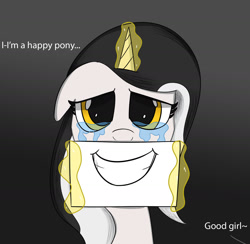 Size: 1746x1701 | Tagged: safe, artist:bestponies, derpibooru import, oc, oc only, oc:diamond horseshoe, pony, unicorn, crying, depressed, dialogue, ears, eyelashes, fake smile, female, floppy ears, glowing horn, golden eyes, good girl, gradient background, gray background, grin, horn, levitation, magic, mare, offscreen character, sad, simple background, smiling, solo, telekinesis, unicorn oc, vent art