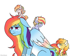 Size: 1077x799 | Tagged: safe, artist:obsidiean, derpibooru import, rainbow dash, oc, oc:fuji zap, oc:golden honeycrisp, oc:pink gala, earth pony, pegasus, pony, colt, female, filly, freckles, magical lesbian spawn, male, mama dash, mare, offspring, parent:applejack, parent:rainbow dash, parents:appledash, simple background, white background