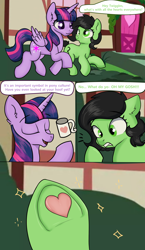 Size: 2420x4160 | Tagged: safe, artist:dumbwoofer, derpibooru import, twilight sparkle, twilight sparkle (alicorn), oc, oc:anon filly, alicorn, comic, female, filly, frog (hoof), heart, heart hoof, mug, shocked, shocked expression, text, underhoof