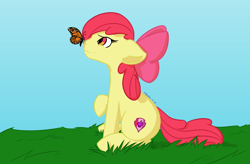 Size: 2096x1374 | Tagged: safe, artist:kurodoragon, derpibooru import, apple bloom, butterfly, earth pony, pony, butterfly on nose, female, filly, insect on nose, monarch, raised hoof, raised leg, sitting, solo