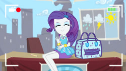 Size: 3410x1920 | Tagged: safe, derpibooru import, screencap, rarity, best trends forever, better together, equestria girls, bracelet, camera shot, clothes, cute, cutie mark, cutie mark on clothes, eyes closed, female, geode of shielding, hairpin, jewelry, magical geodes, raribetes, rarity peplum dress, smiling, solo