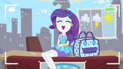 Size: 3410x1920 | Tagged: safe, derpibooru import, screencap, rarity, best trends forever, better together, equestria girls, bracelet, camera shot, clothes, cute, cutie mark, cutie mark on clothes, eyes closed, geode of shielding, hairpin, jewelry, magical geodes, open mouth, raribetes, rarity peplum dress, smiling, solo
