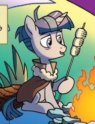 Size: 434x564 | Tagged: safe, artist:tonyfleecs, derpibooru import, idw, stygian, pony, unicorn, spoiler:comiclom8, campfire, camping, cloak, clothes, food, male, marshmallow, stallion