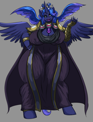 Size: 4100x5380 | Tagged: safe, alternate version, artist:thebigbadwolf01, derpibooru import, princess luna, alicorn, anthro, bedroom eyes, big breasts, breasts, cape, chubby, clothes, commission, cosplay, costume, crown, digital art, dress, erect nipples, female, hades (game), hand on hip, horn, jewelry, looking at you, nyx (hades), open mouth, plump, princess balloona, regalia, shortstack, simple background, solo, spread wings, tail, thighs, thunder thighs, wide hips, wings