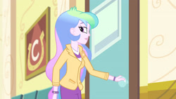 Size: 3410x1920 | Tagged: safe, derpibooru import, screencap, princess celestia, principal celestia, best trends forever, best trends forever: pinkie pie, better together, equestria girls, door, female, smiling, solo