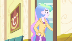 Size: 3410x1920 | Tagged: safe, derpibooru import, screencap, princess celestia, principal celestia, best trends forever, best trends forever: pinkie pie, better together, equestria girls, blazer, bracelet, clothes, cutie mark accessory, door, female, jewelry, lipstick, oh crap face, shirt, solo, trousers, wide eyes