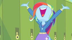 Size: 3410x1920 | Tagged: safe, derpibooru import, screencap, trixie, best trends forever, best trends forever: rainbow dash, better together, equestria girls, clothes, cutie mark, cutie mark on clothes, female, hoodie, lockers, nose in the air, open mouth, solo
