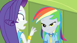 Size: 3410x1920 | Tagged: safe, derpibooru import, screencap, derpy hooves, rarity, best trends forever, best trends forever: rainbow dash, equestria girls, equestria girls series, bracelet, female, jewelry, lockers, open mouth, rarity peplum dress, smiling