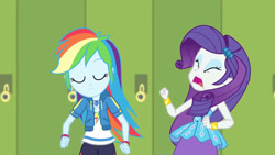 Size: 3410x1920 | Tagged: safe, derpibooru import, screencap, rainbow dash, rarity, best trends forever, best trends forever: rainbow dash, equestria girls, equestria girls series, bracelet, clothes, eyes closed, female, geode of super speed, hairpin, hoodie, jewelry, lockers, magical geodes, necklace, open mouth, rarity peplum dress
