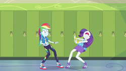 Size: 3410x1920 | Tagged: safe, derpibooru import, screencap, rainbow dash, rarity, best trends forever, best trends forever: rainbow dash, better together, equestria girls, bracelet, clothes, female, geode of shielding, geode of super speed, high heels, hoodie, jewelry, lockers, magical geodes, necklace, nose in the air, open mouth, rarity peplum dress, screaming, shoes, sneakers