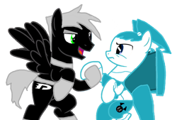 Size: 1142x770 | Tagged: safe, artist:katnekobase, artist:kayman13, derpibooru import, pegasus, pony, robot, robot pony, base used, crossover, danny phantom, female, friendshipping, holding hooves, jenny wakeman, looking at each other, male, mare, my life as a teenage robot, ponified, simple background, stallion, transparent background