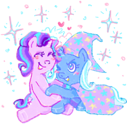 Size: 500x486 | Tagged: safe, artist:peebnut, derpibooru import, starlight glimmer, trixie, pony, unicorn, eyes closed, female, hug, lesbian, one eye closed, shipping, smiling, startrix