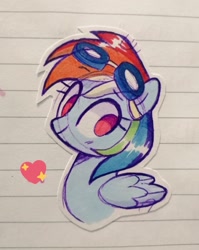 Size: 817x1024 | Tagged: safe, artist:darkynez, derpibooru import, rainbow dash, pegasus, pony, goggles, heart, lined paper, solo